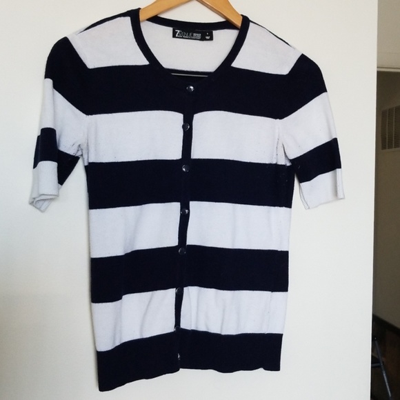 NY&CO Short Sleeve Navy and White Striped Cardigan - Picture 2 of 7